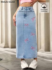 Mobula Sound Mid-East Spring & Summer Y2K Sexy Music Festival Student/Collegiate Versatile Casual Vacation Fashion Cute Bow Embroidery Figure-Flattering Denim Maxi Skirt - Blue - View 5