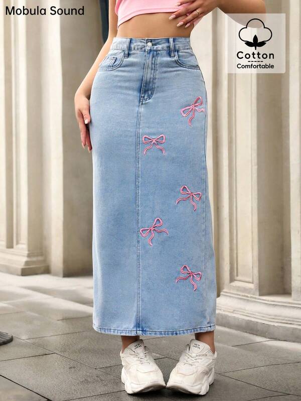 Mobula Sound Mid-East Spring & Summer Y2K Sexy Music Festival Student/Collegiate Versatile Casual Vacation Fashion Cute Bow Embroidery Figure-Flattering Denim Maxi Skirt