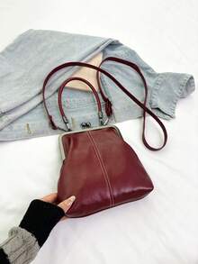 1个复古仿皮斜挎包，女士复古风吻锁迷你手提包，配有可调节肩带，纯色轻便都市手提包，涤纶衬里，男女通用 - 酒紅色 - 查看 7