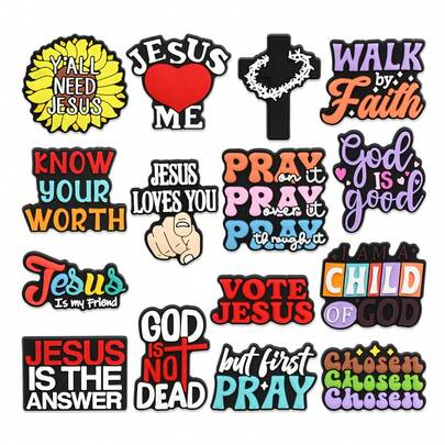 15pcs Prayer Cross Series Shoe Charms, Suitable For Sandals, Made Of PVC Material, Shoe Decoration Accessories For Christmas, Birthday, Party And Other Occasions, Suitable For Teenagers, Men, Women And Adults