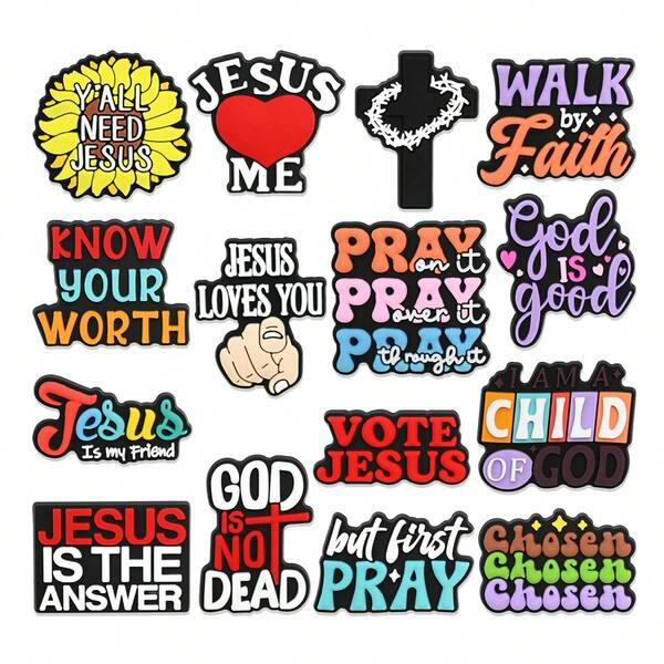 15pcs Prayer Cross Series Shoe Charms, Suitable For Sandals, Made Of PVC Material, Shoe Decoration Accessories For Christmas, Birthday, Party And Other Occasions, Suitable For Teenagers, Men, Women And Adults