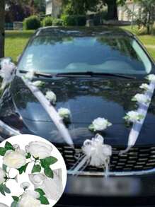 2pcs/Set Artificial White Flower Garland With Suction Cup Decoration Gifts,Silk Floarl Vine, Car Wedding Engagement Garland, Spring, Romantic Bride Accessories,Flower Jewellery Car Wedding, DIY White Gauze Rose Decoration Set, Car Back To School Supplies Thanksgiving Christmas Holiday Essentials Gift