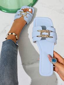女士时尚休闲系带凉鞋，夏季舒适平底一脚蹬沙滩拖鞋 - 淺藍色 - 查看 1