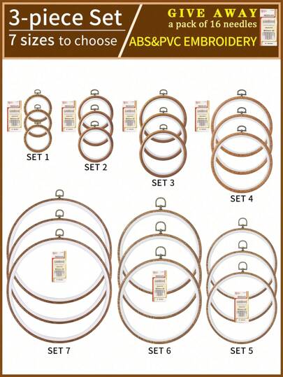 A Set Of 3pcs Round Brown Vintage Palace Style Diy Cross-Stitch Embroidery Hoop/Frame Kit, Adopting Abs And Pvc Material, Wood Grain Imitation Design With Metal Hook For Durability And 7 Size Options, Also Can Be Used As Picture Frame Decoration, With 16 Needles Included For Embroidery Or Household Use