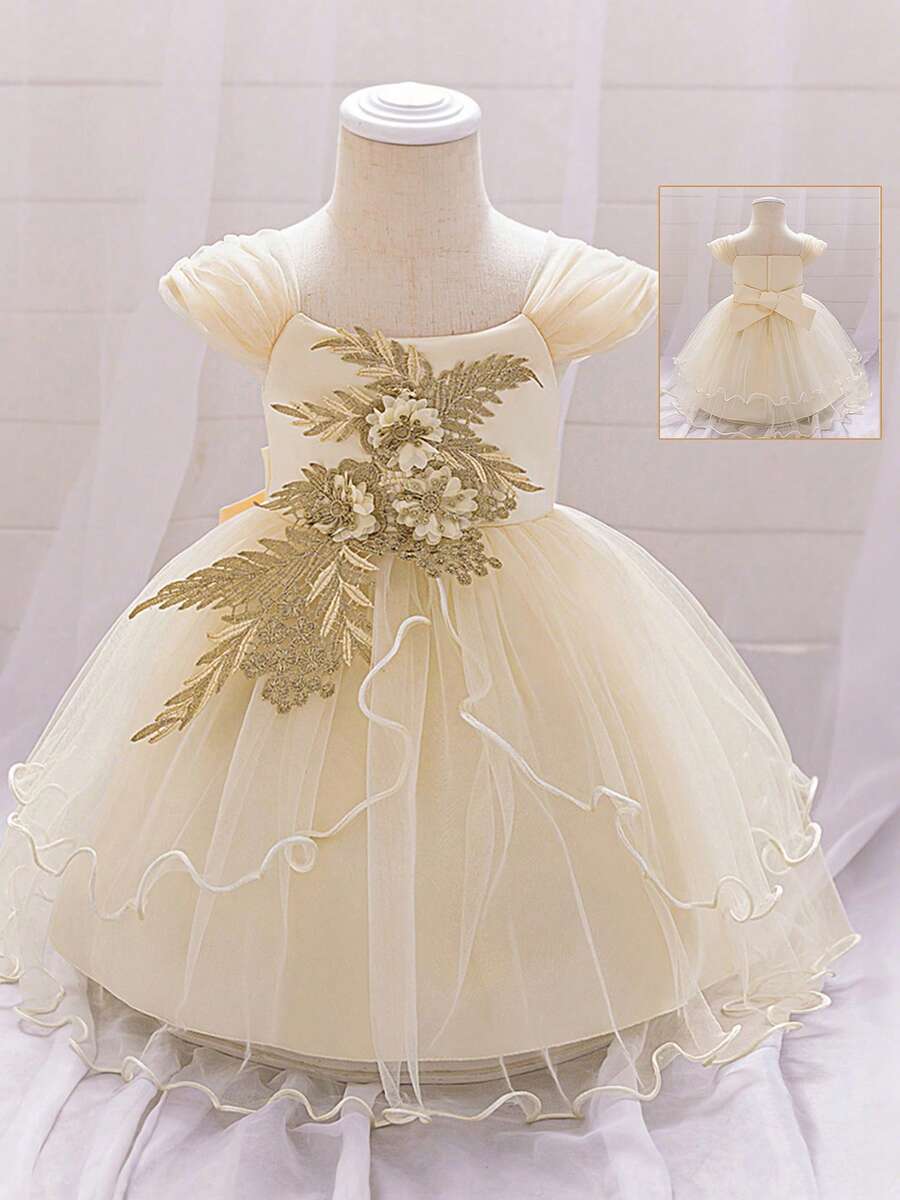 Toddler Baby Girl Party Dress 3D Flower Cap Sleeve A-Line Tulle Princess Dress For Wedding Birthday Party - 香檳色 - 查看 1