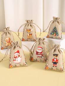 6 pezzi Borse regalo in juta con motivi natalizi ad acquerello, con laccetti, con disegni misti di Babbo Natale, Schiaccianoci e soldato, borse in lino riutilizzabili per feste, ideali per confezioni regalo, baby shower, decorazioni natalizie per la casa 2025, borse multiuso per regali Capodanno 2026