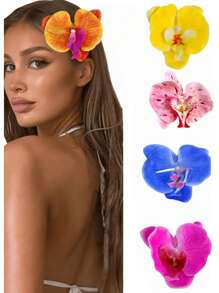 4 件套夏威夷花发夹，适合女士，4 件人造花发夹，芙蓉花和莲花发夹，适合度假、海滩派对、夏季热带花卉发饰，送给女孩的理想礼物