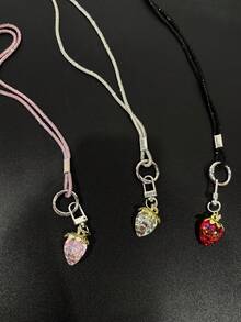 1 pieza Collar largo con colgante de fresa, cordón colgante de teléfono con doble hebilla brillante para mujeres, minimalista y de moda, anti-pérdida y anti-caída, viene con almohadilla