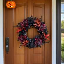 1个逼真的万圣节花环，黑色树枝搭配深红色花朵，风格神秘。适合万圣节装饰，可悬挂于前门、客厅墙壁，或用作摄影道具，营造幽灵般的氛围。免维护，持久耐用，造型独特精致，为空间注入独特的节日氛围。 - 黑色 - 查看 6