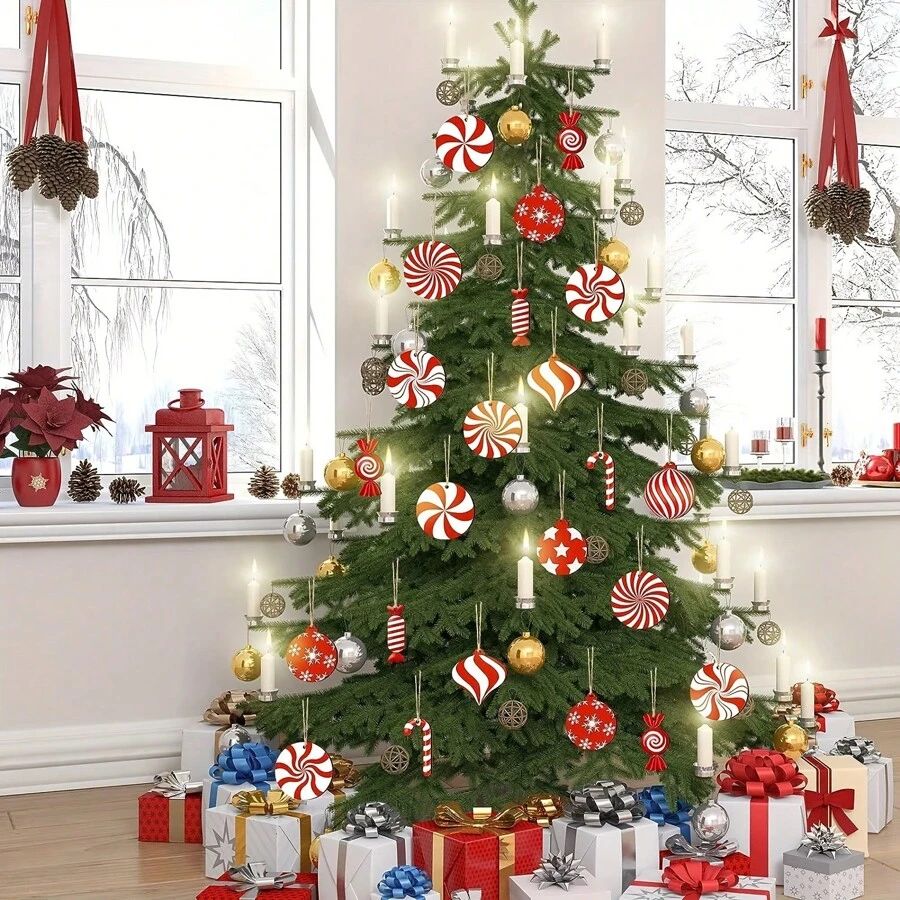 Este conjunto de 1/12/24/36 decoraciones navideñas incluye 1/12/24/36 piezas, inspiradas en bastones de caramelo y dulces, con diseños alegres y lindos. Como adornos para el árbol de Navidad o decoraciones de madera, la colisión del verde menta y el rojo clásico crea una atmósfera festiva rica, iluminando instantáneamente el espíritu navideño cuando se cuelgan en el árbol y agregando un toque dulce a las fiestas.