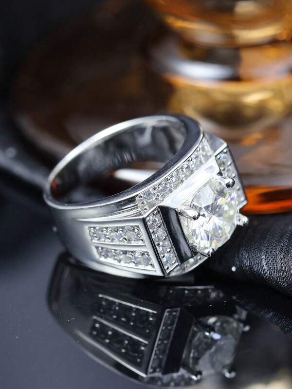 1 anel largo masculino estilo Oriente Médio em prata S925, incrustado com pedras preciosas cultivadas em laboratório, luxuoso e nobre, adequado para o deslocamento diário, reuniões, festas, banquetes, festivais de música e como presente de Dia dos Pais ou Ação de Graças