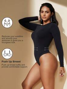 1件装女士无缝黑色圆领长袖连体衣，性感塑身连体衣，收腹、束腰、塑形 - 黑色 - 查看 8