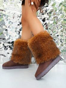 Women's Snow Boots Y2K Solid Color 2025 New Autumn/Winter Non-Slip Plus Size Slip-On Fluffy Faux Fox Fur Boots Thick Warm Fashionable Minimalist Sexy Luxury Slim Fuzzy Shoes Elegant Faux Fur Patchwork Party Brown