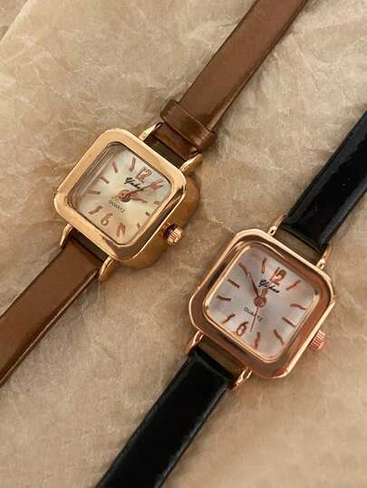 1pc Minimalist Retro Women's Black + Brown PU Strap Square Small Case Quartz Watch Set, Suitable For Daily, Holiday Or Party Wear, Best Gift For Women And Friends