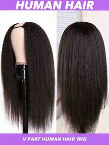 V Part Wigs Human Hair Kinky Straight Wig Yaki Straight Human Hair Wig For Women Afro Kinky Straight Human Hair V Part Wig Glueless Upart Yaki Straight - Natural Black - View 2