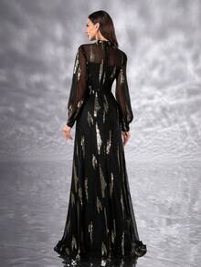 YISIKADO Women Elegant Dress Sequin Contrast Chiffon Glittery Dress High Neck High-Waisted Lantern Sleeve Birthday Party Wedding Guest Banquet Dinner Graduation Dinner Ceremony Celebration Ceremonial Dress - 彩色 - 查看 2