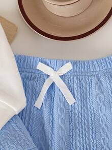 Baby Boys Knitted Jacquard Letter Embroidery Collar Mock Layer Top + Bow Decor Solid Color Casual Pants Set - Baby Blue - View 8