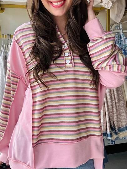 Women's Winter Elegant Striped Polo Neck Pullover Sweatshirt With Button Details And Rib-Knit Hem