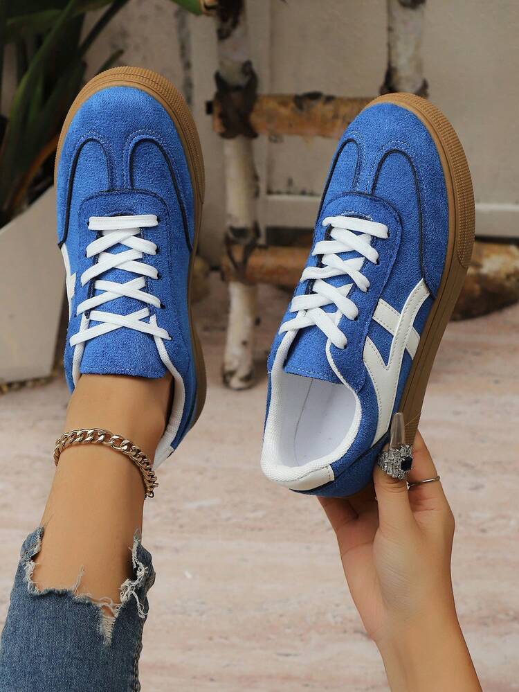 New Casual Sports Shoes, Fashion Versatile Suede-Like Lace-Up Women Sneakers, Student Shoes - Teal Blue - View 1