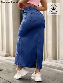 Mobula Sound 中东春夏 Y2K 青春性感音乐节学生学院百搭休闲度假时尚服饰可爱蝴蝶结刺绣紧身牛仔中裙 - 深藍 - 查看 7