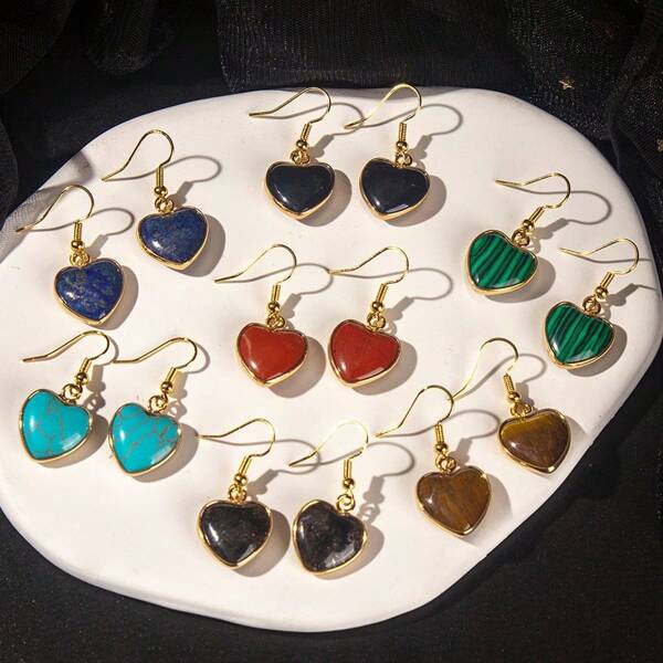 1 Pair Natural Stone Crystal Heart Shaped Earrings With Gold Trim, DIY Jewelry Making Accessories, Holiday Gift