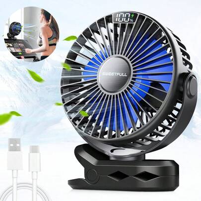 Portable Clip-On Fan, USB Rechargeable With Digital Display, 2000mAh*2 Battery Capacity, 4 Wind Speed Adjustable, 360° Rotation, Suitable For Desk, Outdoor Camping And Sports