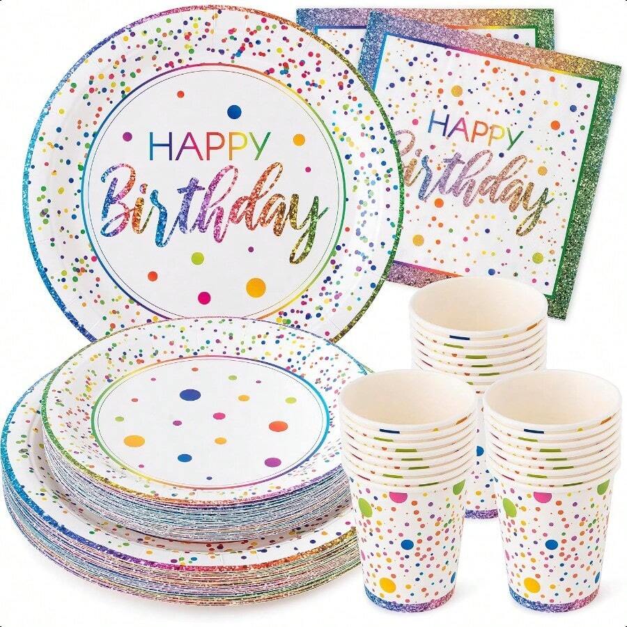 Rainbow Birthday Plates Set Of 24 9 7 Inch Plates Napkins And Cups Party Supplies Sturdy 400 GSM Weighted Rainbow Happy Birthday Party Decorations For Boys Girls And Tweens-0166 - Rainbow - 查看 1
