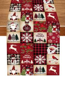 1pc Festive Christmas Table Runner, Multi-Grid Christmas Elements Table Flag, Santa Snowman Elk Xmas Tree Pattern, Polyester Fabric, Seasonal Winter Xmas Kitchen Dining Table Decoration For Home Party Decor, Christmas Decorations 2025