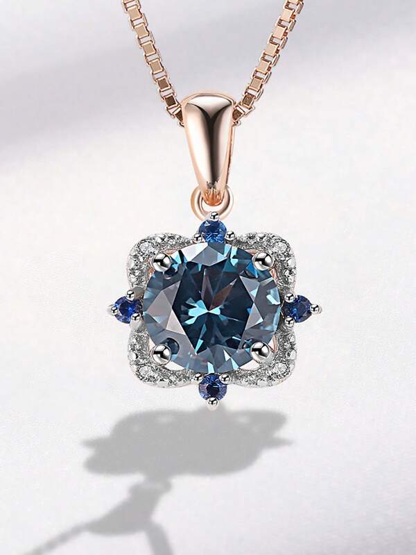 925 Silver Blue Diamond Flower Pendant Necklace, Sparkling Diamond & Sapphire Surround Delicate Design, Suitable For Daily Commute, Dates, Gatherings With Friends, Banquets, Parties And More Occasions