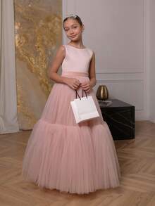 少女粉色薄纱优雅派对礼服，可拆卸公主礼服，适合女孩的生日派对、宴会、婚礼、花童、伴娘、舞会、选美 - 粉色 - 查看 5