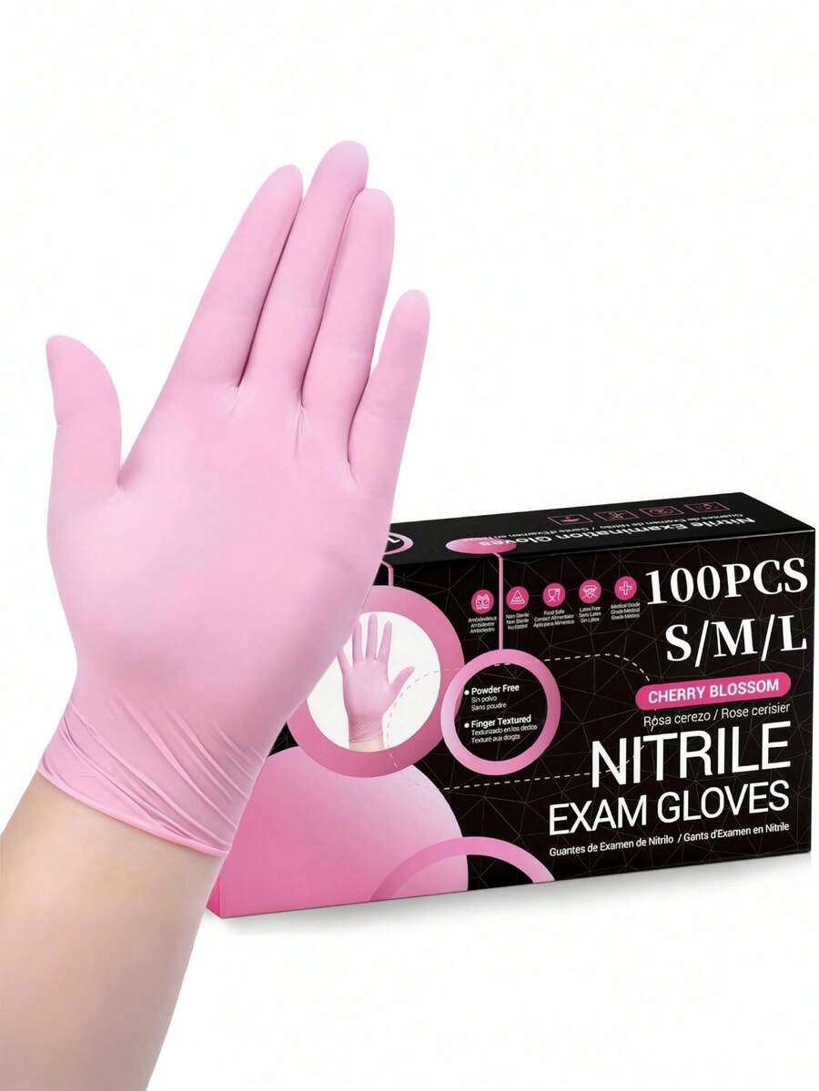 100 Pink Disposable Nitrile Gloves - Latex-Free, Suitable For Cleaning, Professional Protective Gloves - Pink - View 1