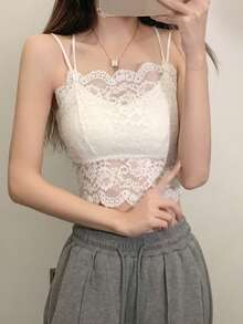 女士可爱性感蕾丝吊带背心，带可拆卸胸垫，纯色打底衫，适合夏季、开学季、冬季、圣诞节、春季节日叠穿