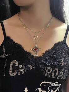 2pcs Gothic Punk Style Star, Rhinestone Cross & Heart Pendant Necklaces, Layered Wear, Elegant & Fashionable Jewelry For Women - Silver - View 2