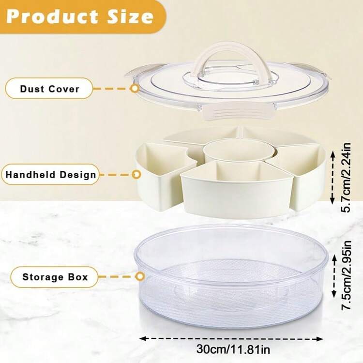 Divided Serving Tray With Lid, Rotating Snack Box With 6 Compartments, Removable Large Snack Box With Handle, Multifunctional Fruit Tray For Home, Party, Picnic - White - View 5