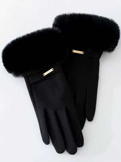 1 Pair Beige Thickened Warm Touchscreen Gloves, Autumn/Winter