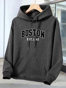Men's Boston Letter Print Casual Hooded Sweatshirt, Back To School, Autumn/Winter, Long Sleeve Top - Dark Grey - View 5