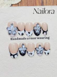 10 件/套黑白指甲法式指甲手绘圆点赫拉特 3D 雕刻花朵图案指甲小珍珠宝石和饰物指甲，椭圆形按压指甲短全覆盖手工指甲片，极简主义简约优雅风格按压指甲手工可穿戴假指甲，日常美甲 DIY 夏季指甲作为礼物适合女性和女孩美甲指甲用品