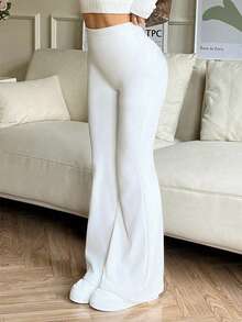 女士高腰纯色喇叭裤，修身运动瑜伽压缩喇叭裤，弹力舒适休闲长裤，适合跳舞和瑜伽，女士夏季春季休闲装 - 白色 - 查看 3