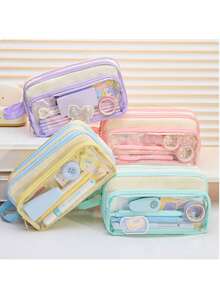 Large Size Japanese Style Canvas Pencil Case With Transparent Window - Essential For Daily Office Use - Multicolor - View 7
