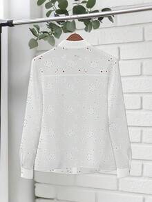 HOMEYEE Women's Fashion Solid Color Hollow White Button Business Formal Long Sleeve Elegant Blouse - White - View 3