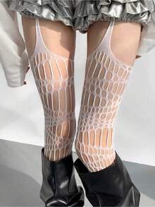 1 Pair Of Spider Web Suspenders, High Tube Hollow Mesh Socks, Long Tube Knee High Suspender Socks, Hollow Socks, Suitable For Daily Parties - 白色 - 查看 4