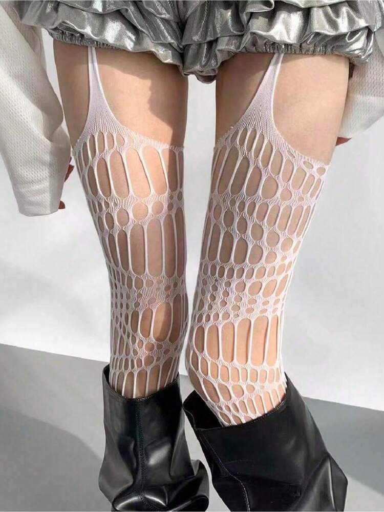 1 Pair Of Spider Web Suspenders, High Tube Hollow Mesh Socks, Long Tube Knee High Suspender Socks, Hollow Socks, Suitable For Daily Parties - 白色 - 查看 4