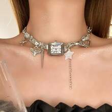1pc Vintage Market Exaggerated Personalized Multi-Element Clock Rivet Necklace, Heart-Shaped Niche Design Pendant Choker Necklace - Multicolor - View 1