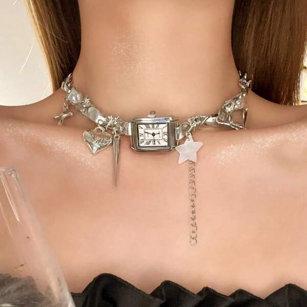 1pc Vintage Market Exaggerated Personalized Multi-Element Clock Rivet Necklace, Heart-Shaped Niche Design Pendant Choker Necklace