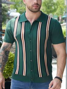 Men's Short Sleeve Knitted Button Down Polo Collar Striped Sweater Casual Fashion Spring Summer Daily Wear Outdoor Streetwear Club Party Wear Men Knit Shirt Classic Fit Stylish Men's Top Crewneck Knitwear Lightweight Men's Clothing Versatile Men's Apparel Regular Fit Men's Sweater Short Sleeve Knit Cardigan For Men Men's Fashion Item - Dark Green - View 4