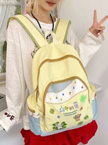 Cute & Fresh Ditsy Floral Cat Pattern Canvas Backpack For College Girls, School Backpack - Yellow - View 4