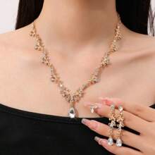 Set de 3 cercei și colier din aur, accesorii decorative pentru nuntă, potrivite pentru banchet, evenimente, festivaluri, ținute formale