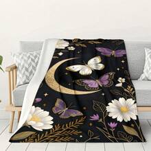 1PC Flannel Blanket With Butterfly, Moon And Flower Patterns, Machine Washable, Soft And Comfortable, Lightweight Wool Blanket, Comfortable Air Conditioning Blanket, Home Decoration, Suitable For All Seasons, Christmas And Halloween Friend Gifts, Suitable For Sofas, Beds, Cars, Offices, Camping, Travel