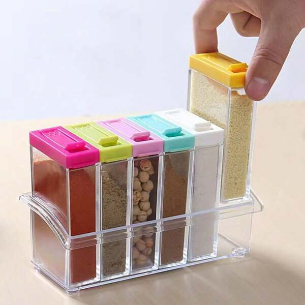 1 set de 6 pièces de bocaux à assaisonnement à double couvercle transparent, boîtes de rangement de cuisine, salières et boîtes à épices