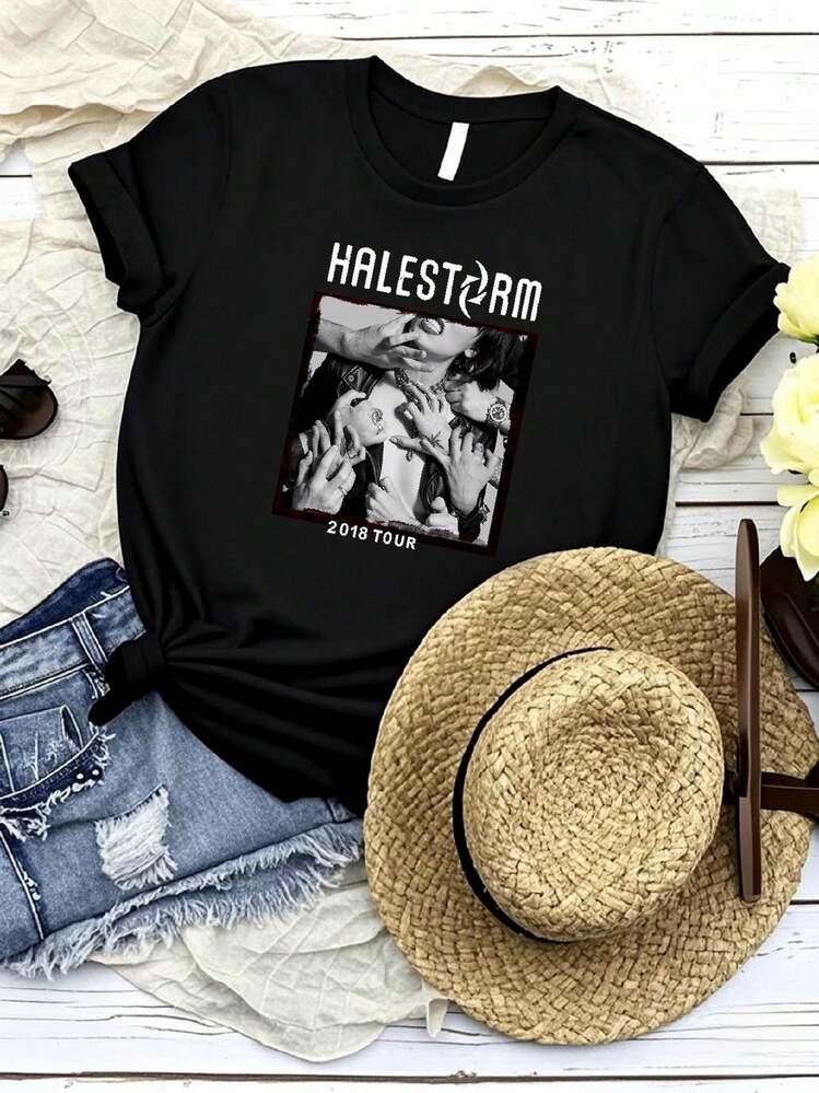 180g Pure Cotton Halestorm In This Moment Tour Rock Unisex T-Shirt Full Size S To 5XL LL1633 Fashion Slightly Homme Streetwear Stylish Stretched Top For Everyday Wear For Women Soft Designer Clothes Versatile Breathable Casual Comfortable Summer Print Round Neck Short Sleeve Graphic. - 黑色 - 查看 1